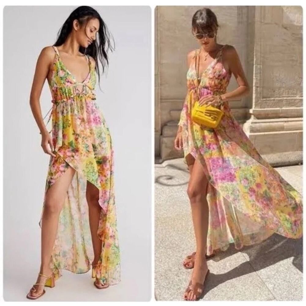 For Love and Lemons Floral Chiffon Asymmetric Madison Maxi Dress Size L